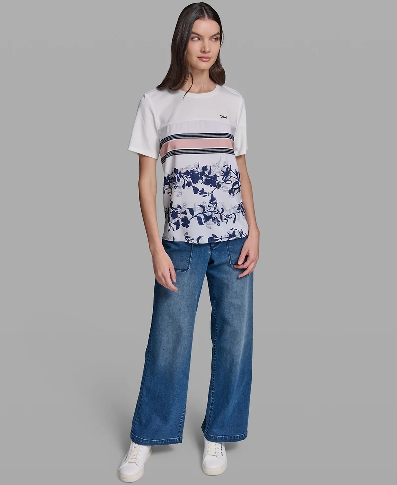 Karl Lagerfeld Paris Women's Short-Sleeve Mix-Media Printed Knit Top