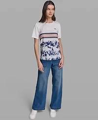 Karl Lagerfeld Paris Women's Short-Sleeve Mix-Media Printed Knit Top