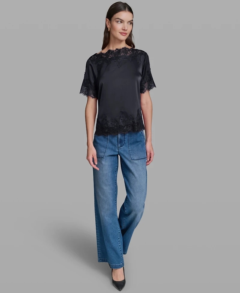 Karl Lagerfeld Paris Women's Short-Sleeve Lace Trim Blouse
