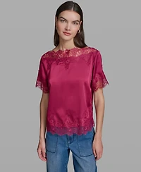Karl Lagerfeld Paris Women's Short-Sleeve Lace Trim Blouse