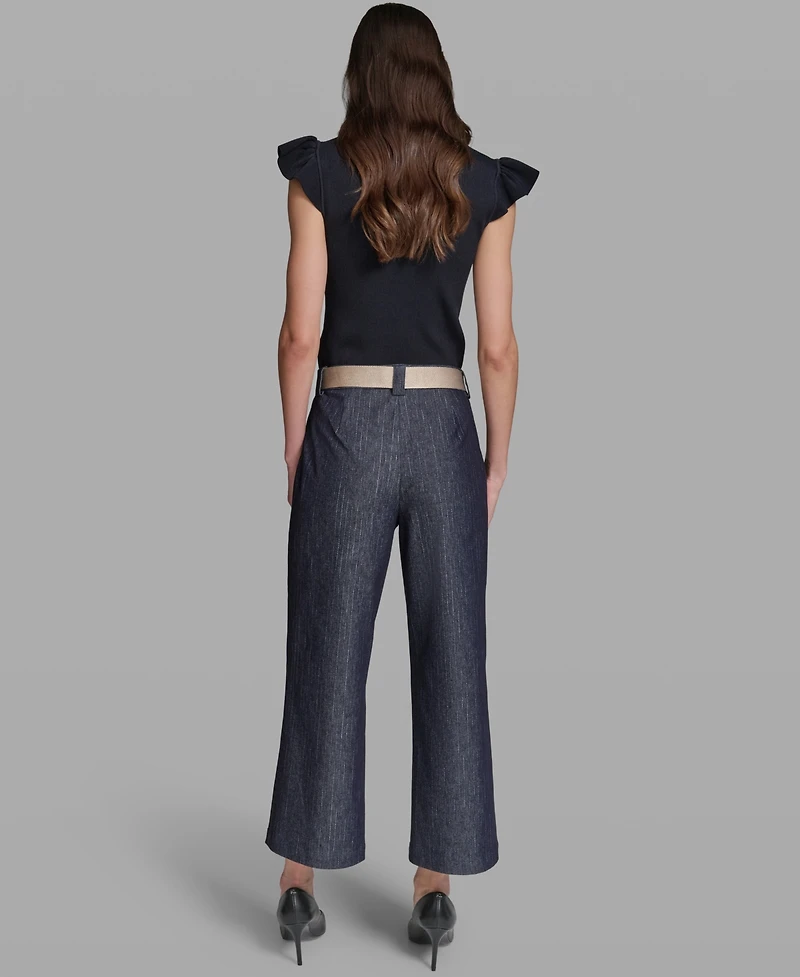Karl Lagerfeld Paris Women's Pinstripe Mid-Rise Belted Crop Pants