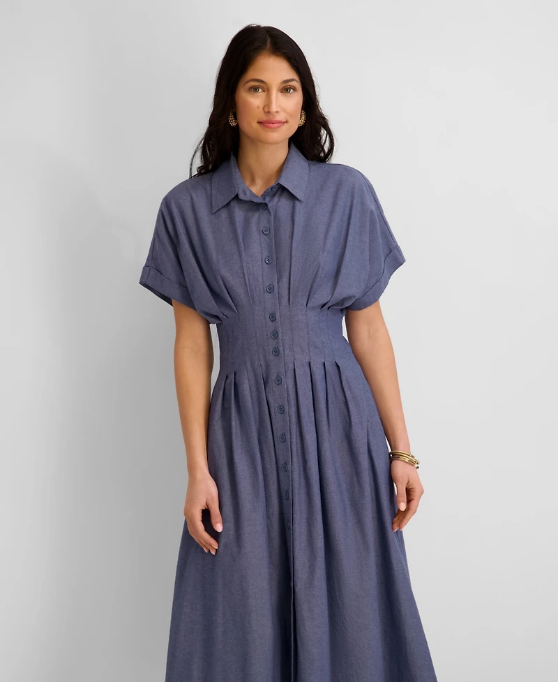 Kensie Women's Button-Front Short-Sleeve Midi Shirt Dress