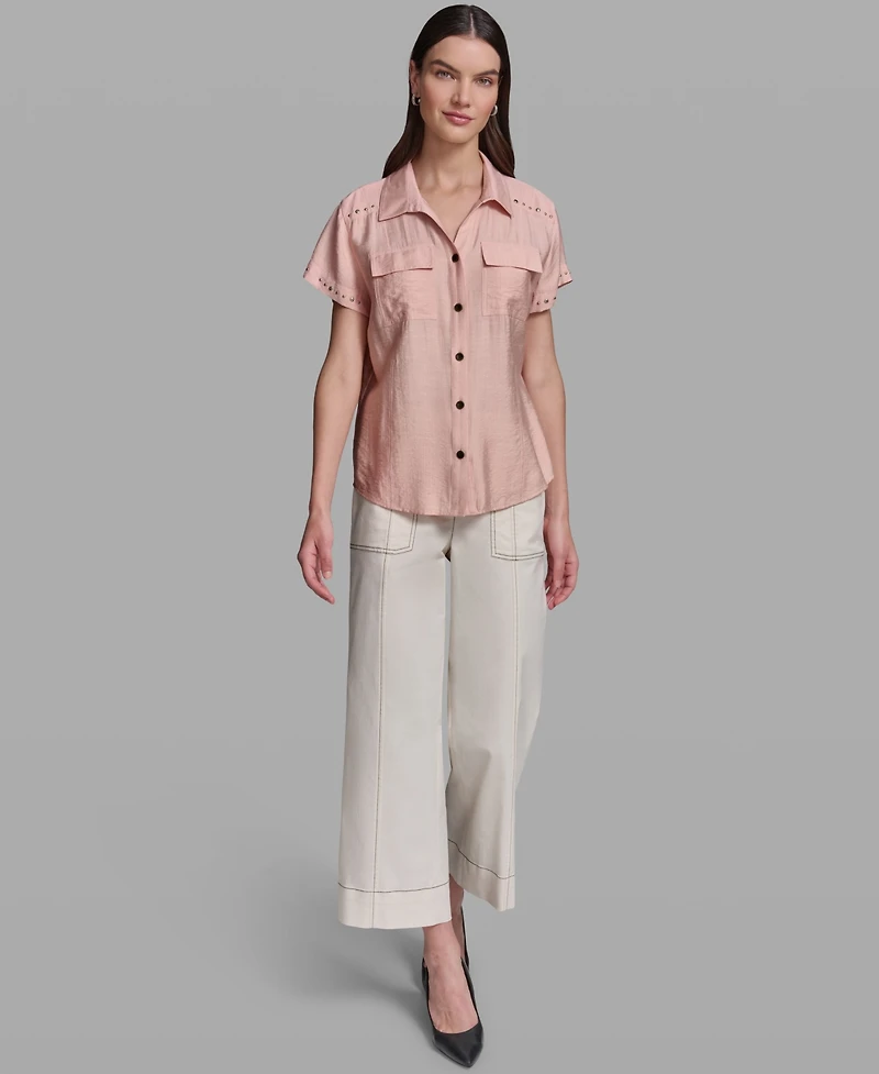Karl Lagerfeld Paris Women's Short-Sleeve Camp Collar Shirt
