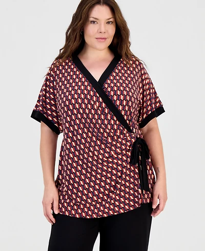Anne Klein Plus Printed Short-Sleeve Wrap Tunic