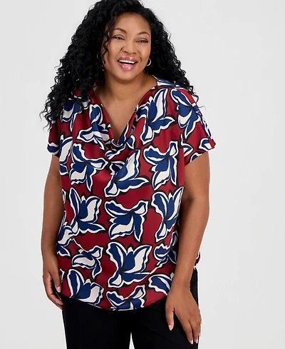 Anne Klein Plus Floral-Print Cowl-Neck Blouse