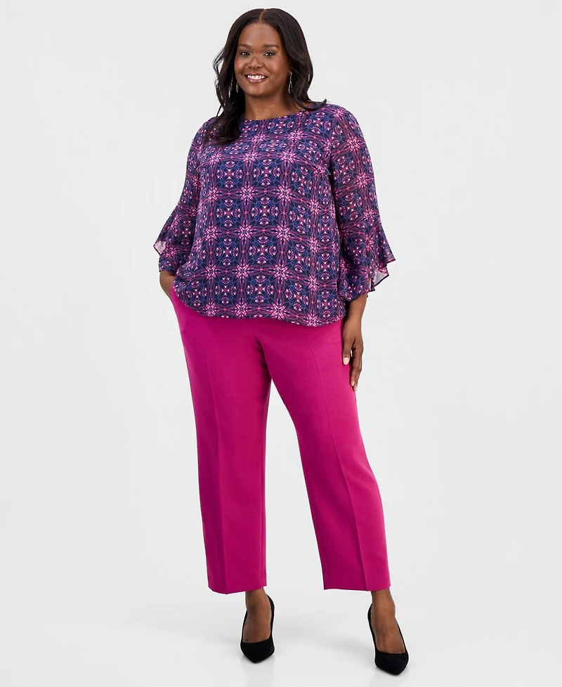 Kasper Plus Printed Ruffled 3/4-Sleeve Top