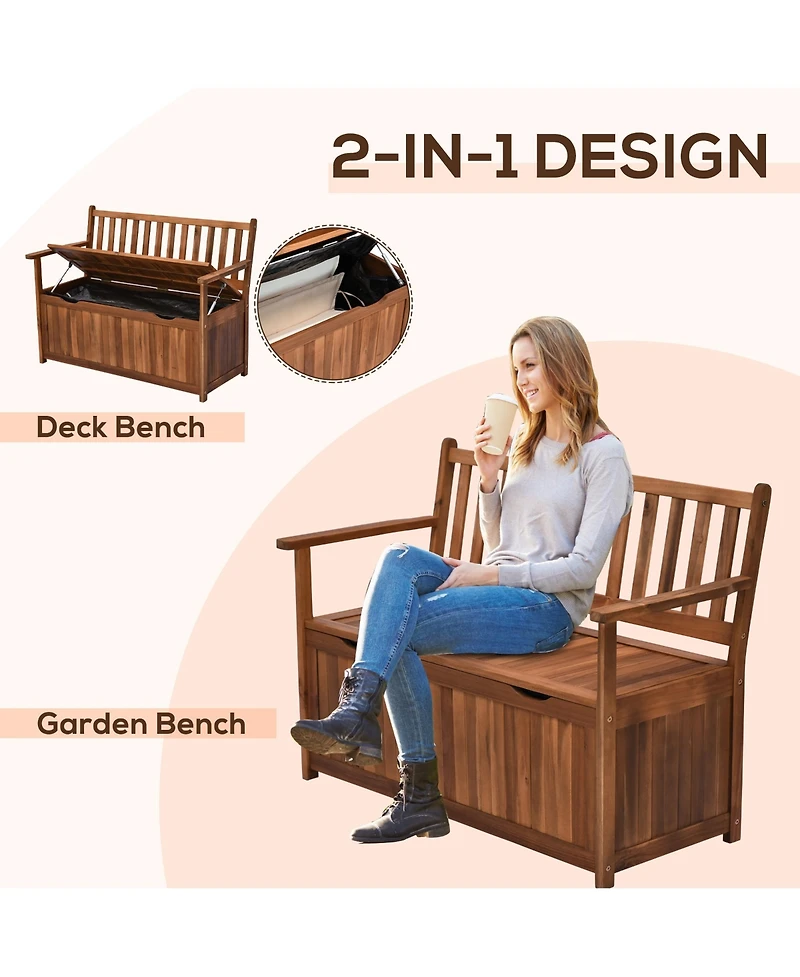 Outsunny 41 Gallon Outdoor Wooden Storage Bench with Lining for Garden Tools Toys, Teak