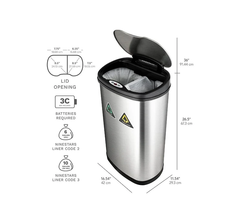 Ninestars 13 Gallon Automatic Kitchen Trash Can, Motion Sensor Touchless 50L Large Stainless Steel Garbage Bin Dual Compartment