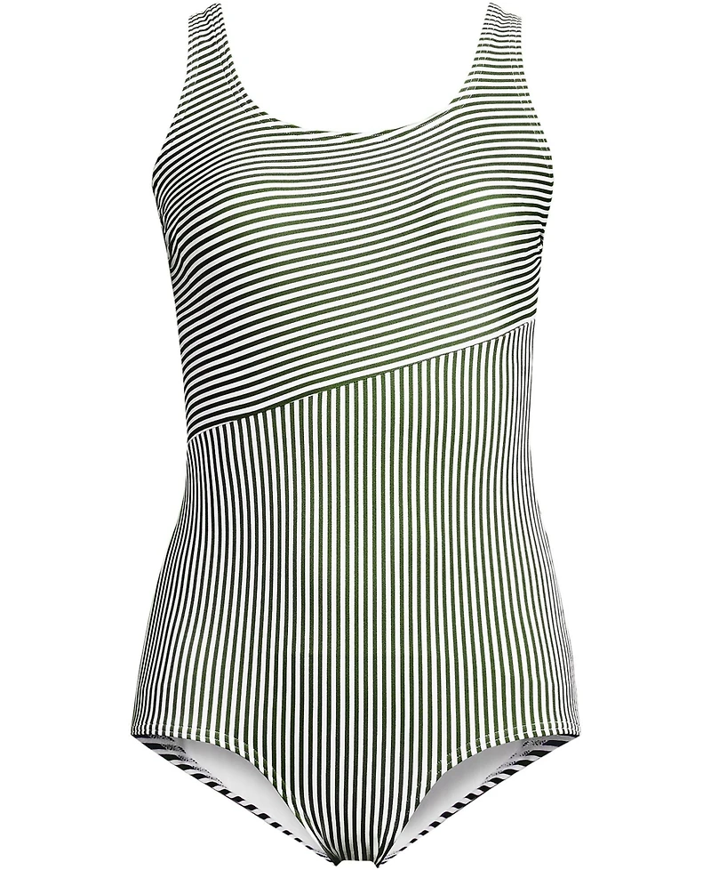 Lands' End Women's Long Scoop Neck Soft Cup Tugless Sporty One Piece Swimsuit Print