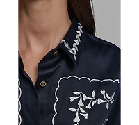 Karl Lagerfeld Paris Petite Floral Embroidered Short-Sleeve Shirt