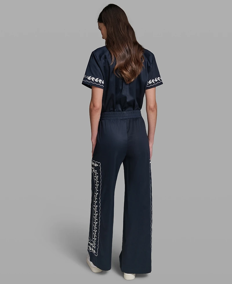 Karl Lagerfeld Paris Petite Embroidered Mid-Rise Floral Pants