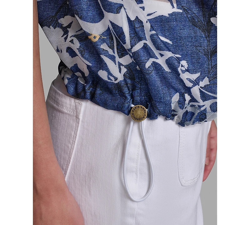 Karl Lagerfeld Paris Petite Printed Collared Neck Bungee Top
