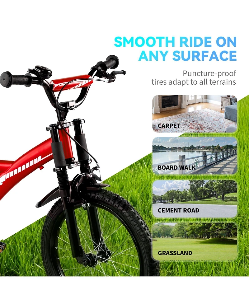 18" Kids Bike with Adjustable Seat, Dual Brakes, Suspension and Training Wheels for Ages 6–9