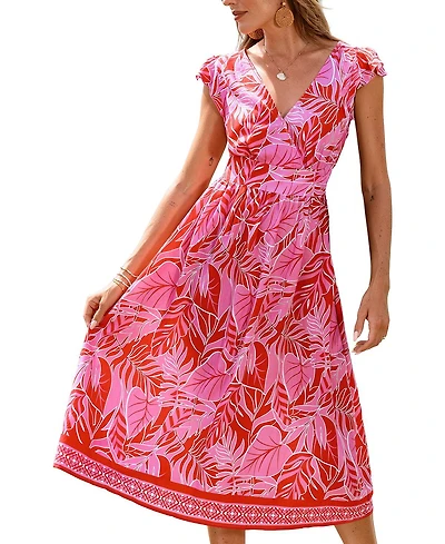 Cupshe Women's Printed V-Neck Flutter Sleeve Beach Dress