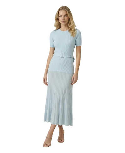 Modenaire Women's Ribbed Knit Belted Pleated Midi Dress