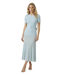 Modenaire Women's Ribbed Knit Belted Pleated Midi Dress