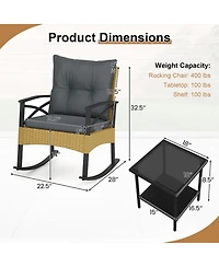 Gouun 3-Piece Outdoor Rattan Rocking Chair Set with 2-Tier Side Table for Backyard