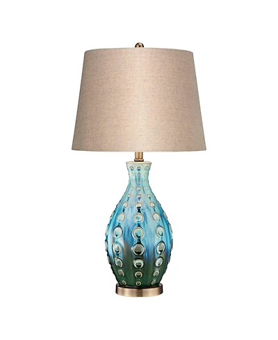 360 Lighting Mid Century Modern Table Lamp with Table Top Dimmer 26.5" High Teal Ceramic Fabric Drum for Living Room Bedroom