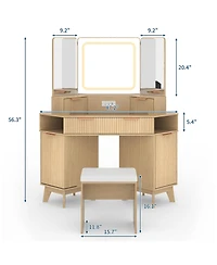 gaomon Corner Makeup Vanity Desk, Modern Vanity Desk with Hd Triple Mirror, Corner Vanitys with Clear Glass Top, Fluted Makeup Vanity Desk