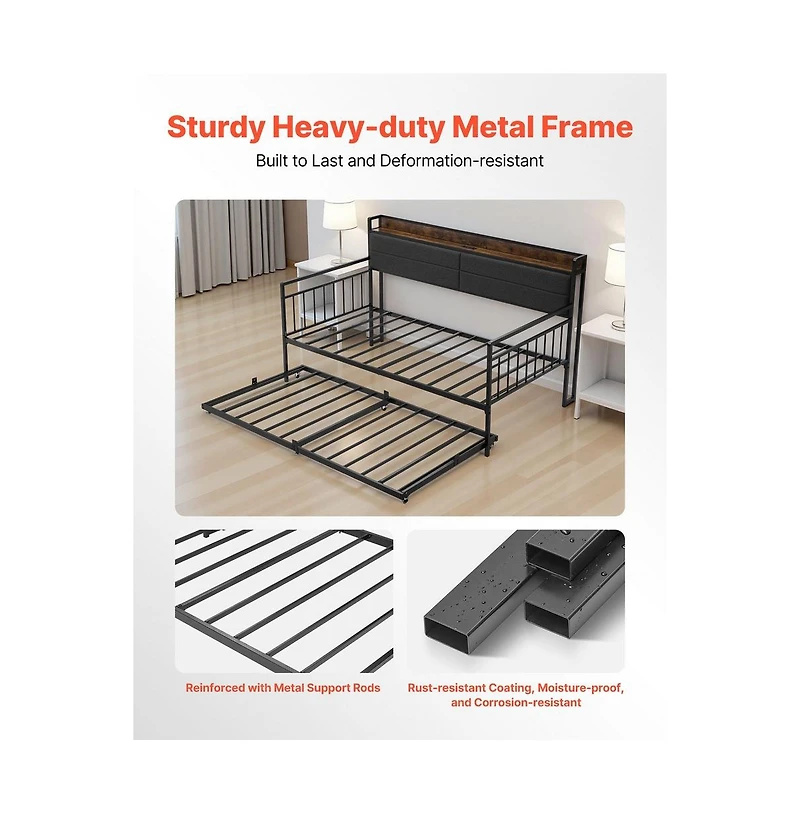 Sugift Daybed with Trundle and Charging Station Heavy Duty Metal Platform