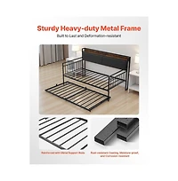 Sugift Daybed with Trundle and Charging Station Heavy Duty Metal Platform