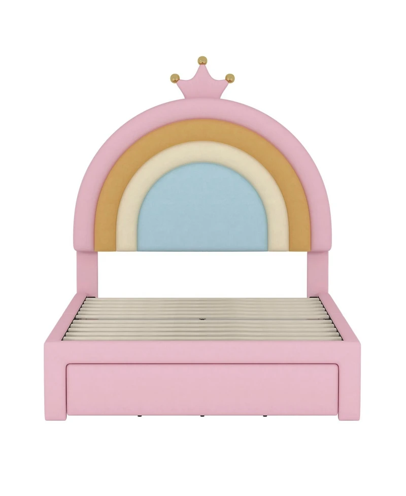 Rainsken Upholstered Kids Bed Frame with Drawer, Rainbow Design Platform Bed, Velvet Princess Bed, No Box-Spring Needed