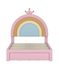 Rainsken Upholstered Kids Bed Frame with Drawer, Rainbow Design Platform Bed, Velvet Princess Bed, No Box-Spring Needed