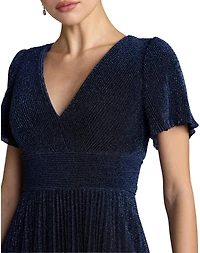 Mac Duggal Petite Women.s Pleated Metallic Flutter Sleeve A Line Gown
