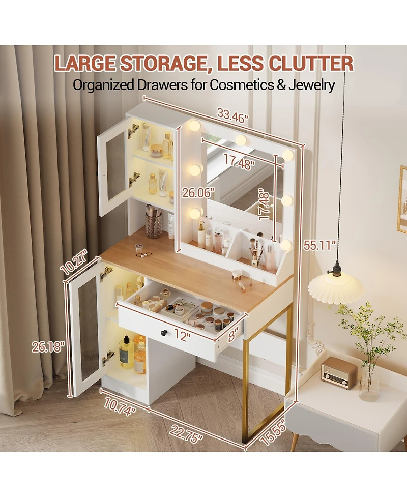 gaomon Makeup Vanity Desk with Mirror and Rgb Led Lights, Charging Station, 2 Acrylic-Door Cabinets, Open Compartments, Wooden Dressing Table