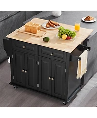 Volenca Kitchen Island Cart with 43" Wood Top, Storage Cabinet, Drop Leaf, Adjustable Shelf, Drawer, Spice Rack, Towel Bar, Hooks, Black