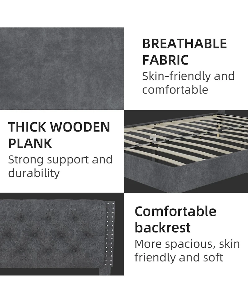 Rainsken Bed Frame, with Suede Upholstered Headboard, Under Storage, Wood Slats Support, No Box Spring Needed, Easy Assembly