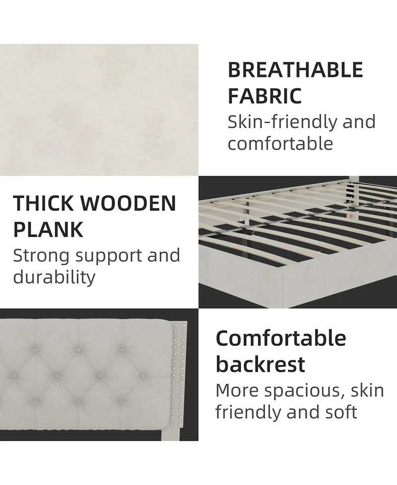 Rainsken Bed Frame, with Suede Upholstered Headboard, Under Storage, Wood Slats Support, No Box Spring Needed