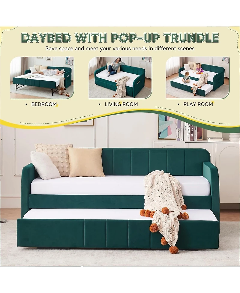 Rainsken Twin Daybed with Trundle, Velvet Upholstered Sofa Bed Frame Usb Port, Side Pockets and Wood Slat Support for Living Room