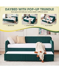 Rainsken Twin Daybed with Trundle, Velvet Upholstered Sofa Bed Frame Usb Port, Side Pockets and Wood Slat Support for Living Room