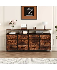gaomon 63" Dresser with 12 Drawers, Tv Stand for 55-70 Inch Tv, Fabric Dresser for Living Room, Long Chest of Drawers with Open Shelves