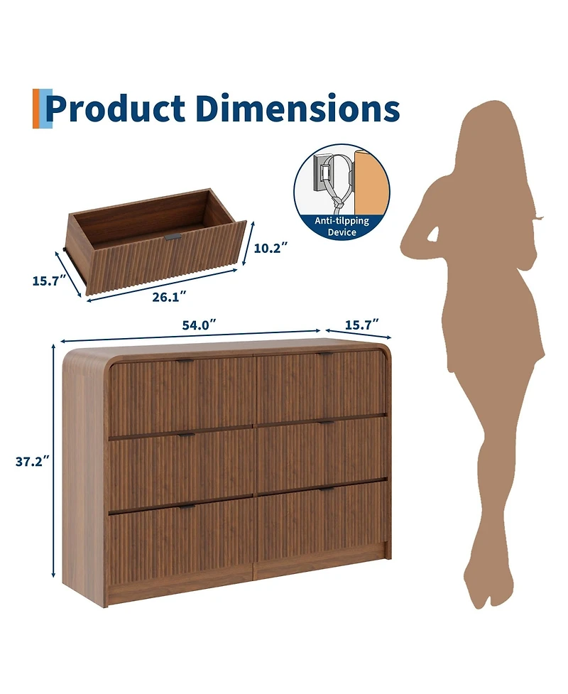 gaomon Fluted 6 Drawer Dresser, Modern Bedroom Dresser with Rounded Edge, Walnut Wood Color Wide Chest of Drawers, for Living Room, Hallway