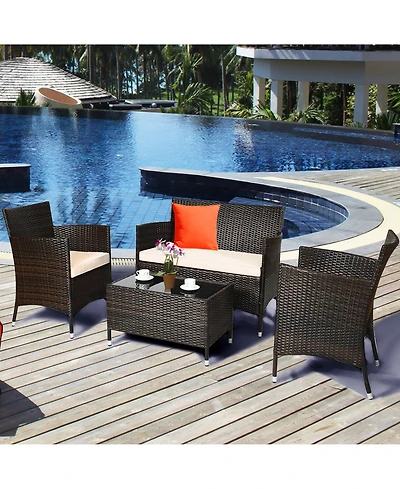 Costway 4PCS Patio Wicker Furniture Set Sofa Chair with Cushion Covers Garden
