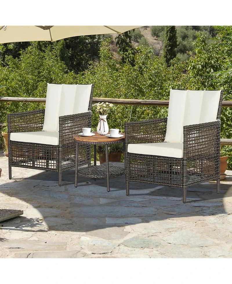 Costway 3PCS Patio Rattan Furniture Set Cushioned Sofas Wood Table Top W/Shelf