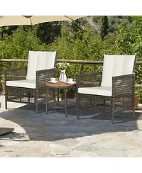 Costway 3PCS Patio Rattan Furniture Set Cushioned Sofas Wood Table Top W/Shelf
