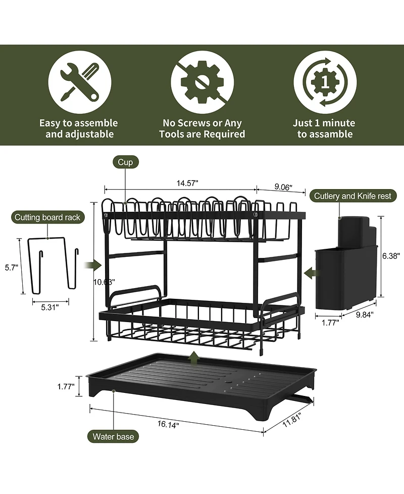 2 Tier Anti-Rust Dish Drying Rack with Drainage Spout for Kitchen