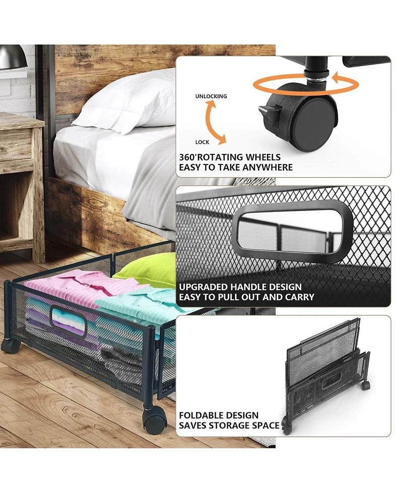 Underbed Rolling Storage Drawer with Metal Mesh Frame and Wheels, 2 Packs