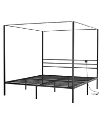 Sugift King Canopy Bed Frame Metal Four Poster with Charging Station and Storage