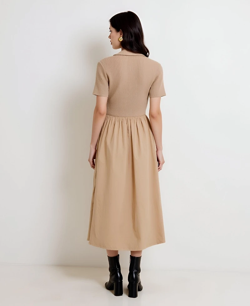 Modenaire Women's Polo Collar Short Sleeve Sweater Midi Dress