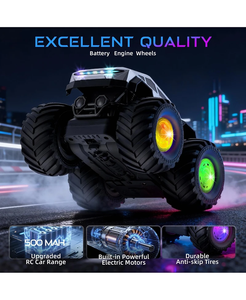 Hongge Remote Control Monster Truck for Kids, 2.4GHz Rc Stunt Car with Led Lights and Music, 4WD Amphibious All Terrain