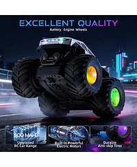 Hongge Remote Control Monster Truck for Kids, 2.4GHz Rc Stunt Car with Led Lights and Music, 4WD Amphibious All Terrain
