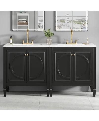 Sillysis 60 Inch Vintage Double Sink Bathroom Vanity Set, Ceramic Top, Soft Close Doors, Adjustable Shelves for
