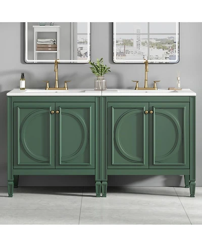 Sillysis 60 Inch Vintage Double Sink Bathroom Vanity Set, Ceramic Top, Soft Close Doors, Adjustable Shelves for