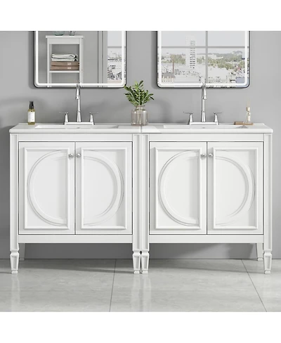 Sillysis 60 Inch Vintage Double Sink Bathroom Vanity Set, Ceramic Top, Soft Close Doors, Adjustable Shelves for Bathroom