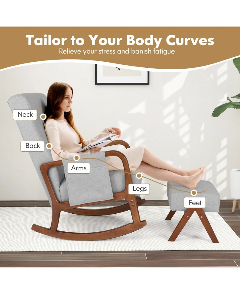 Slickblue Wooden Rocking Chair with Ottoman Set, Padded Cushion and Solid Rubber Wood Frame