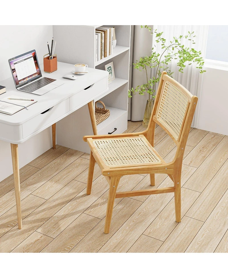 Slickblue Teak Wood Dining Chair with Rattan Cane Backrest, Modern Woven Accent Seating